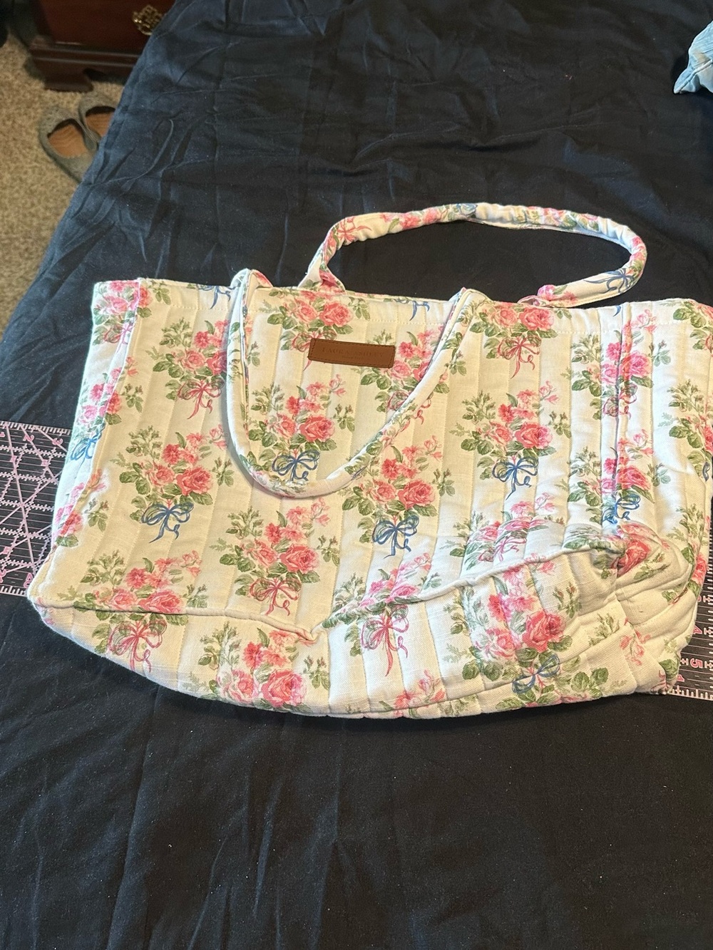Laura Ashley Quilted Floral Tote in Cream with Pink and Green Accents